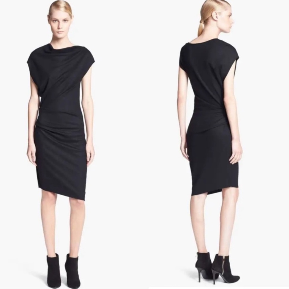 Helmut Lang Black Sonar Wool Asymmetric Dress M